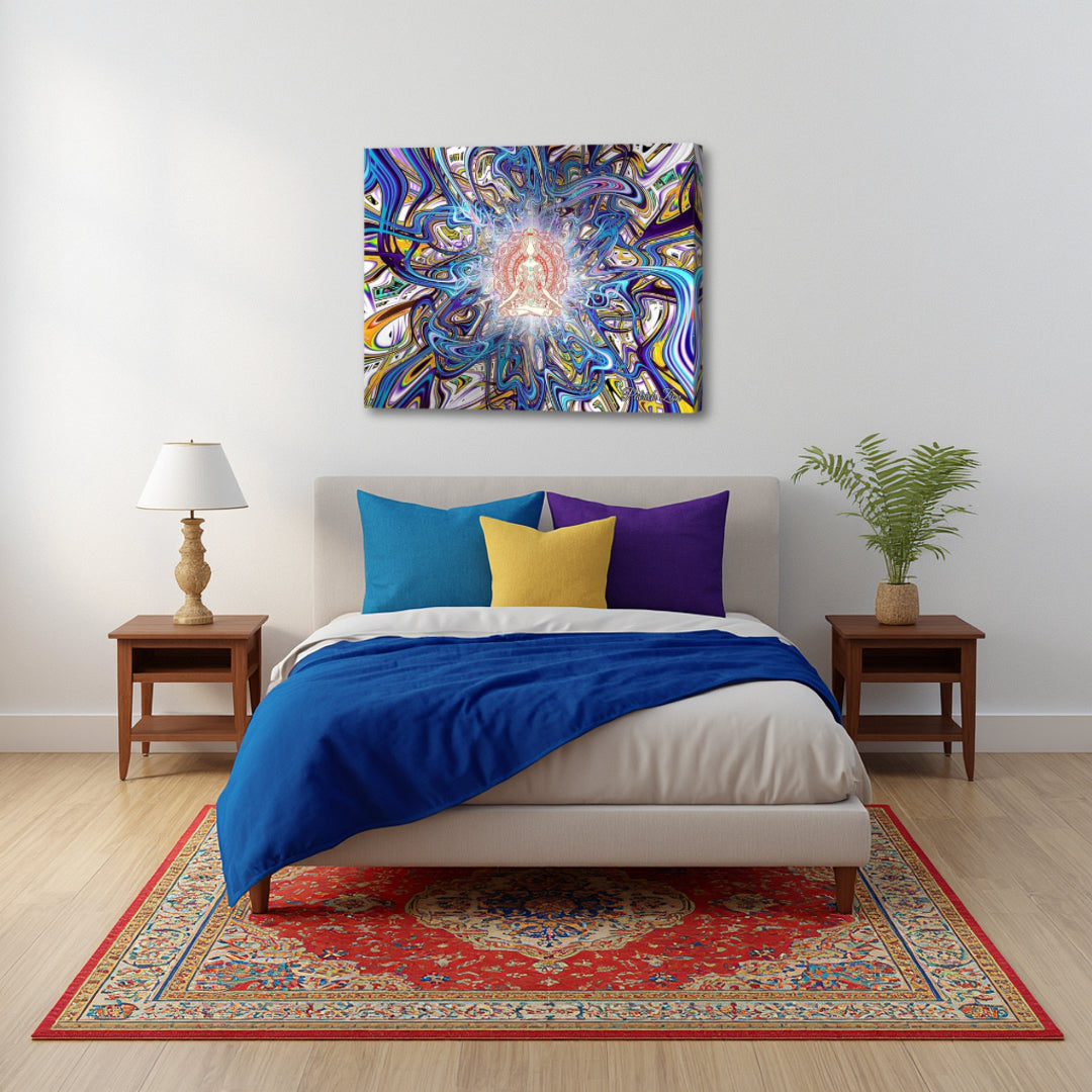 Mystic Mantra by Patrick Zion featured above a cozy bedroom setup, blending vibrant fractal energy with restful surroundings to create a peaceful yet inspiring personal retreat.