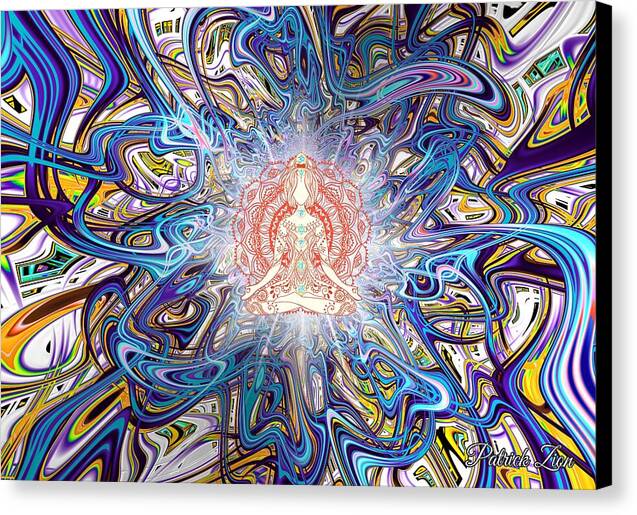 Mystic Mantra – visionary fractal art by Patrick Zion, black edge version portraying a meditating figure radiating light within swirling psychedelic energy patterns symbolizing inner harmony and transcendence.