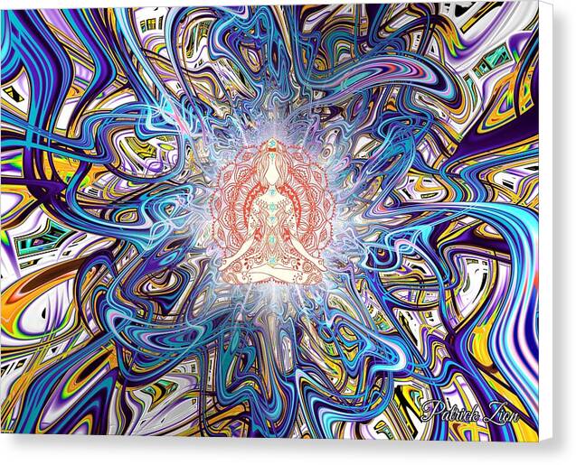 Mystic Mantra – spiritual fractal canvas print by Patrick Zion, white edge version depicting a meditative being surrounded by radiant blue and violet waves representing balance, mindfulness, and awakened consciousness.