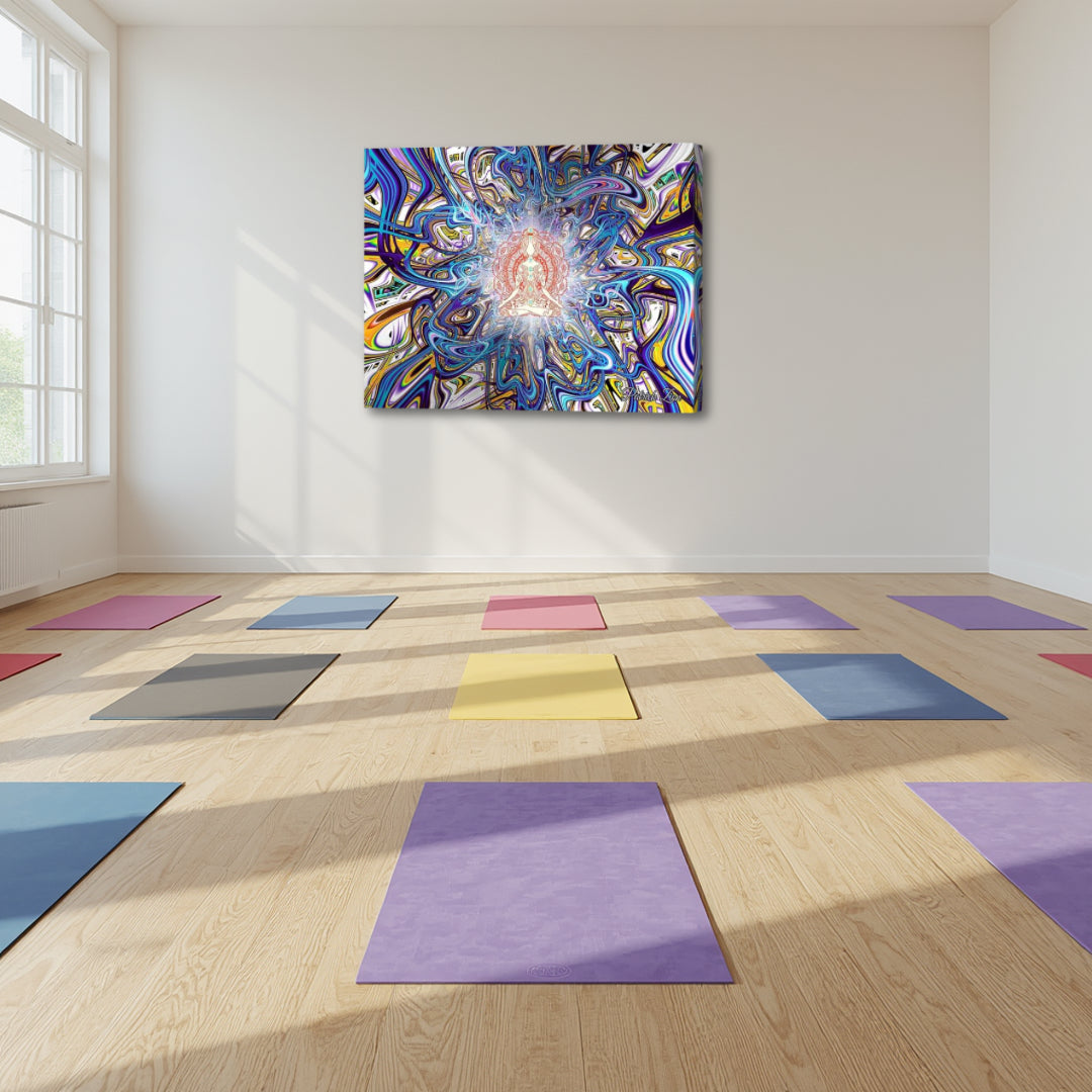 Mystic Mantra by Patrick Zion displayed in a serene yoga studio, featuring a radiant fractal composition that enhances mindfulness, inner focus, and a calming group meditation atmosphere.