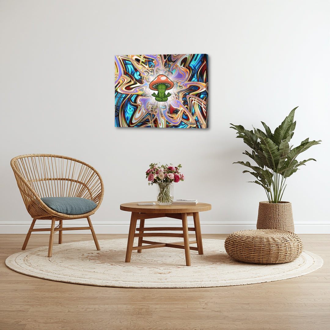 Mystical Mycelium – psychedelic fractal canvas art by Patrick Zion in a boho-inspired interior, blending natural elements with vibrant fractal patterns and a meditating mushroom figure, symbolizing harmony between nature and expanded awareness.