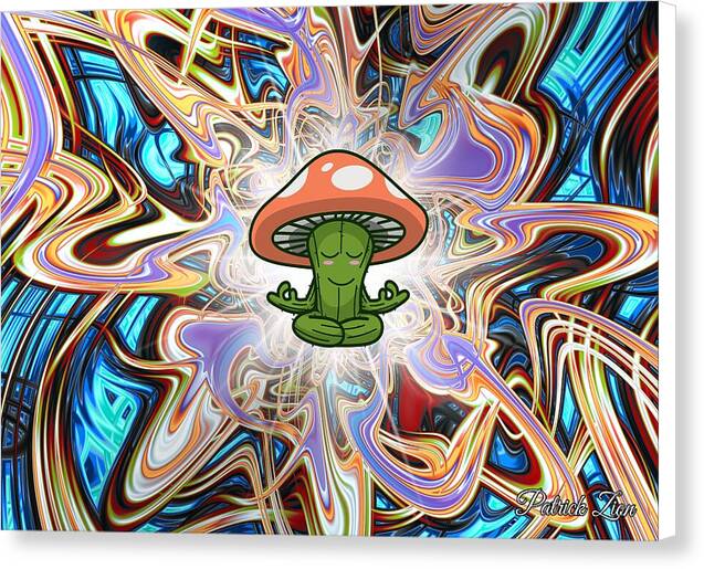 Mystical Mycelium – visionary fractal canvas print by Patrick Zion, white edge version depicting a serene mushroom monk floating in colorful cosmic waves of consciousness.