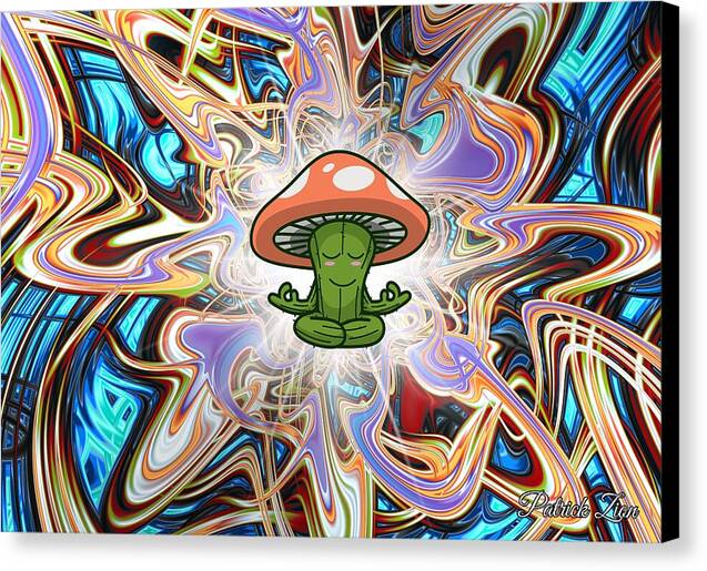 Mystical Mycelium – psychedelic fractal art by Patrick Zion, black edge version featuring a meditating mushroom figure radiating divine light within swirling rainbow geometry.