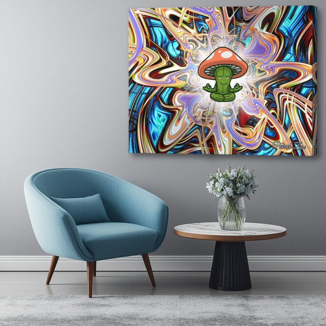 Mystical Mycelium - psychedelic mushroom spiritual canvas wall art by Patrick Zion showcased in stylish minimalist interior, meditating fungi character surrounded by swirling cosmic abstractions and vibrant consciousness-inspired energy.