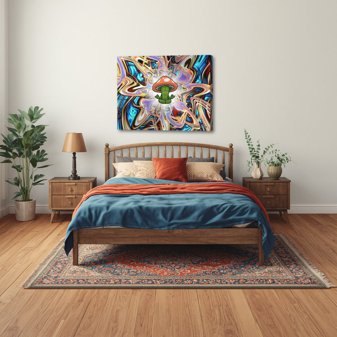 Mystical Mycelium – psychedelic fractal canvas art by Patrick Zion displayed above a cozy bedroom setting, featuring a surreal meditative figure beneath a mushroom with colorful fractal energy, evoking dreams, imagination, and subconscious exploration.
