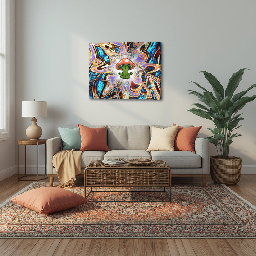Mystical Mycelium – psychedelic fractal canvas art by Patrick Zion displayed in a modern living room, featuring a meditating character beneath a mushroom surrounded by vibrant flowing fractal patterns, symbolizing nature consciousness, expansion, and playful awakening.