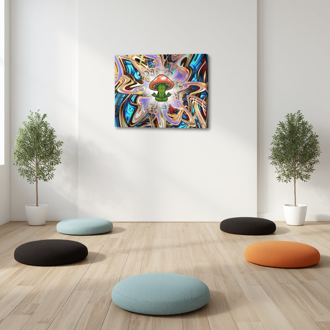 Mystical Mycelium – spiritual psychedelic fractal canvas art by Patrick Zion displayed in a meditation studio, featuring a playful meditating figure beneath a mushroom surrounded by radiant fractal energy, inspiring curiosity, openness, and joyful awareness.