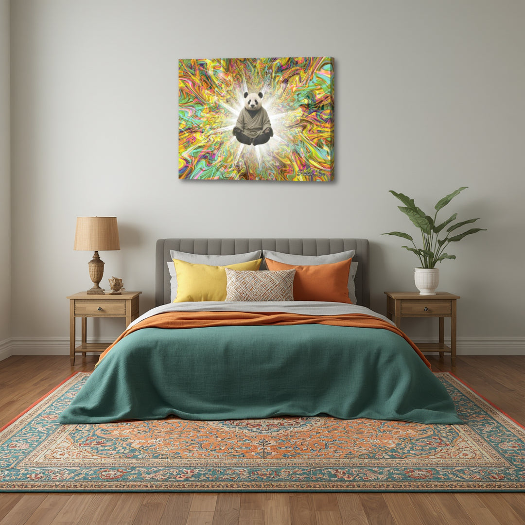 Panda Sage by Patrick Zion placed above a cozy bedroom setting, where colorful fractal waves surround a floating panda figure, creating a dreamlike and tranquil atmosphere.
