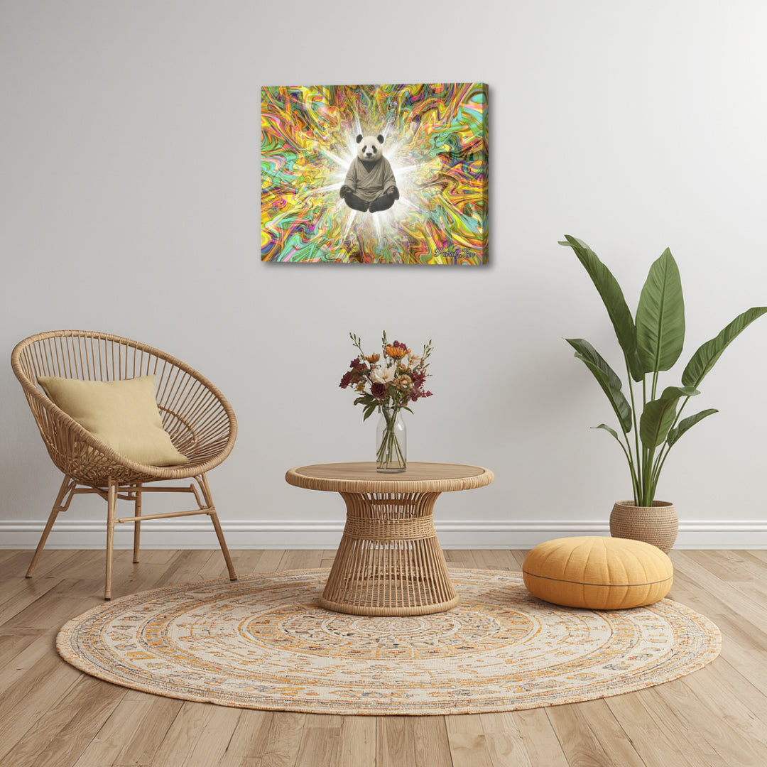 Panda Sage artwork by Patrick Zion featured in a boho minimal corner with rattan furniture and soft textures, blending vibrant fractal patterns with a peaceful meditative panda presence.