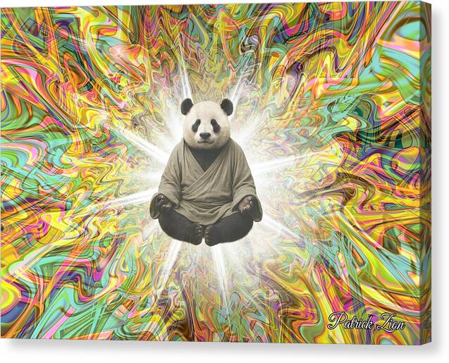 Panda Sage – spiritual fractal canvas art by Patrick Zion, mirrored edge version depicting a meditating panda sage floating in radiant fractal light surrounded by vibrant psychedelic energy patterns.
