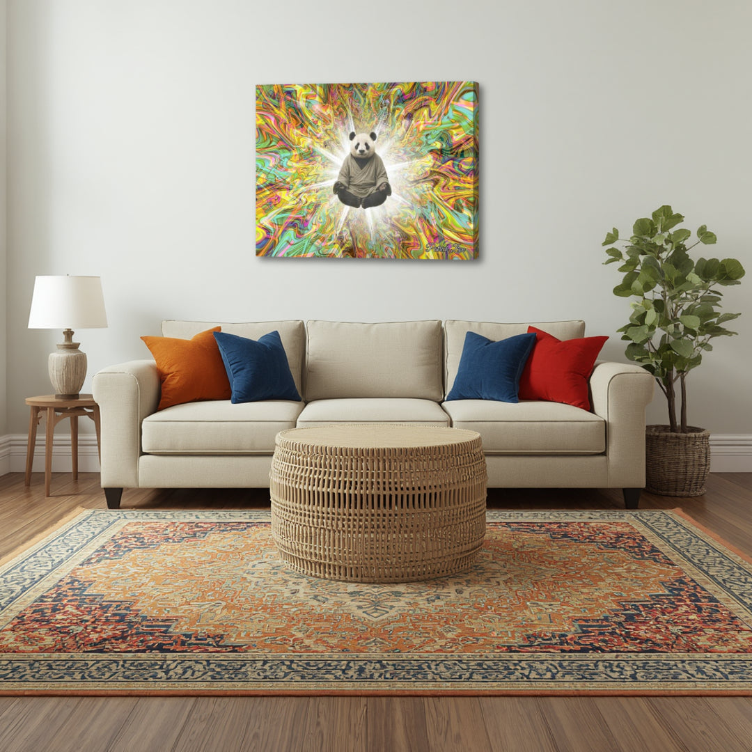 Panda Sage by Patrick Zion showcased in a warm living room interior, combining psychedelic fractal motion with a calm meditating panda, adding a unique spiritual accent to the space.