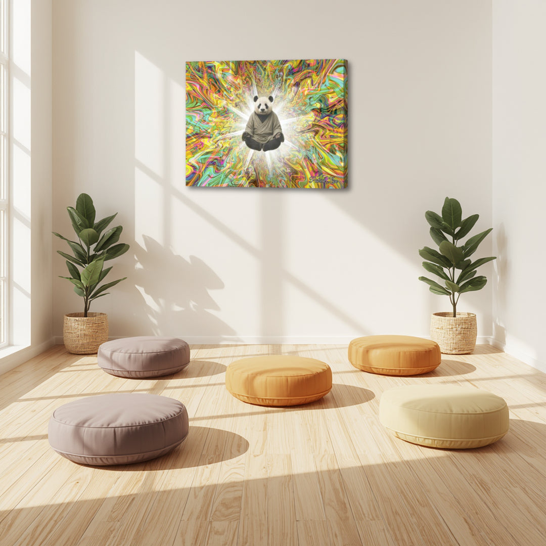 Panda Sage by Patrick Zion displayed in a serene meditation room with floor cushions and natural light, where a levitating panda figure radiates psychedelic fractal energy, evoking calm awareness and playful wisdom.
