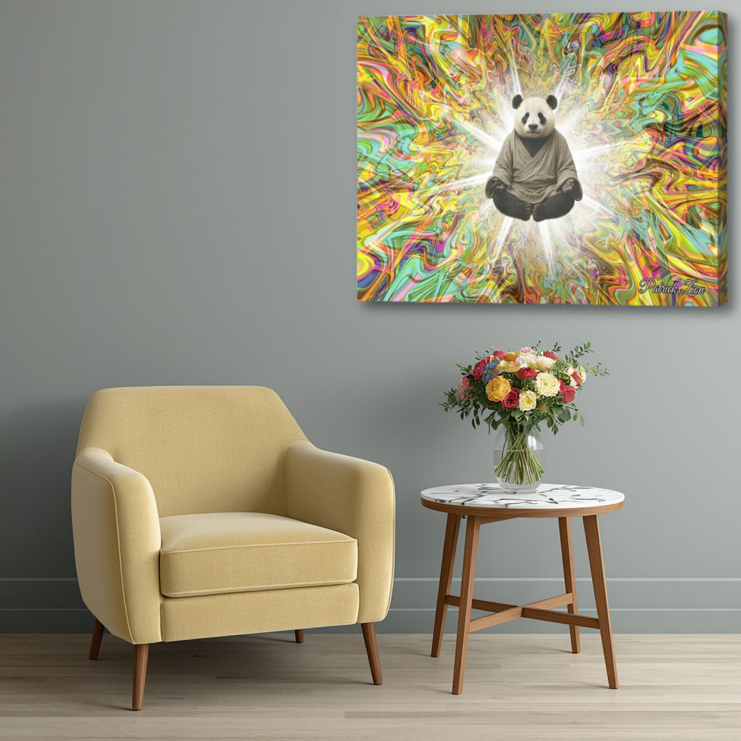 Panda Sage – spiritual psychedelic canvas artwork by Patrick Zion showcased in a modern interior with an up-close view, featuring a meditating panda surrounded by radiant fractal energy, colorful flowing abstractions, and peaceful mystical light.