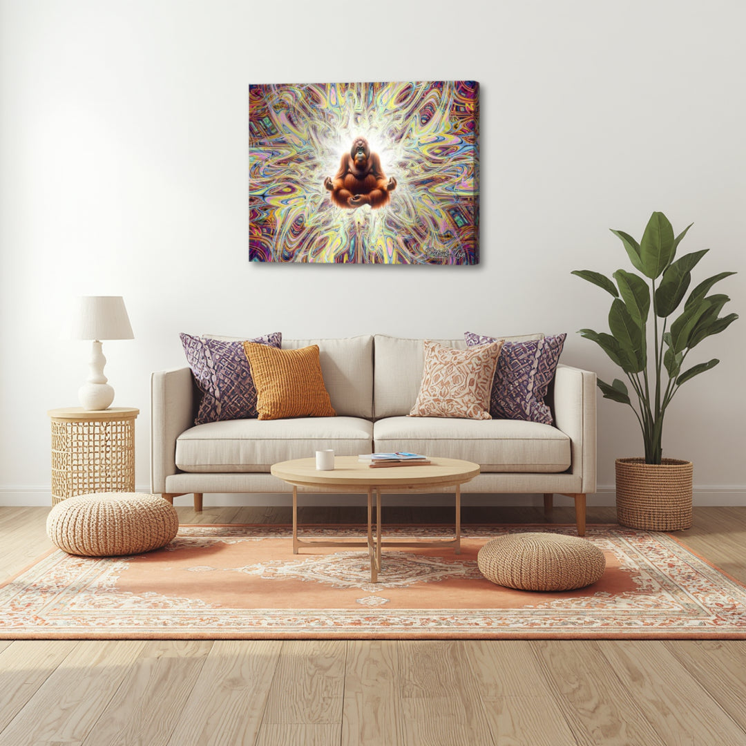 Primal Enlightenment by Patrick Zion featured in a modern living room, highlighting an intense meditative figure infused with vibrant fractal light and spiritual power.