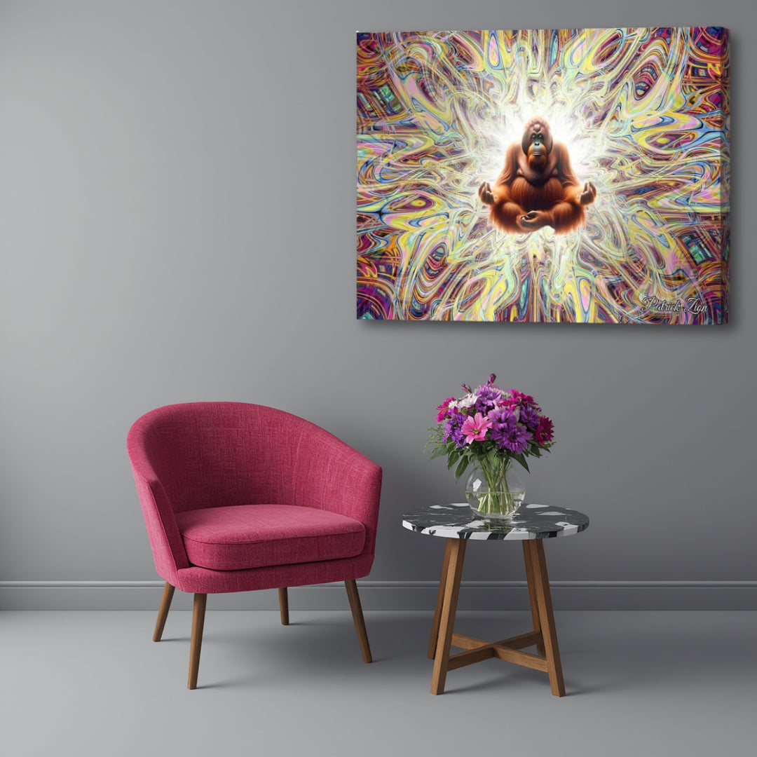 Primal Enlightenment – spiritual psychedelic canvas artwork by Patrick Zion displayed in a modern interior with an up-close perspective, featuring a meditating orangutan surrounded by radiant cosmic light, flowing fractal energy, and vibrant multidimensional abstractions symbolizing primal wisdom and inner peace.