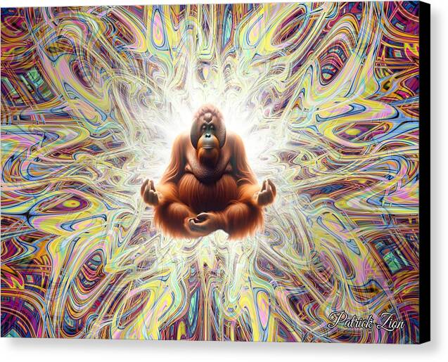 Primal Enlightenment – psychedelic visionary art by Patrick Zion, black edge version featuring a serene orangutan meditating in lotus pose within a radiant fractal aura symbolizing unity between nature and consciousness.
