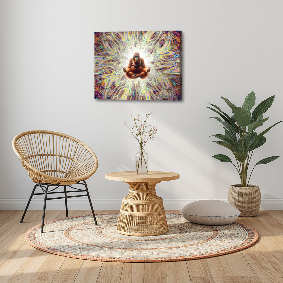 Primal Enlightenment artwork by Patrick Zion in a cozy boho setting, where a glowing meditative presence emerges from dynamic fractal patterns of color and light.