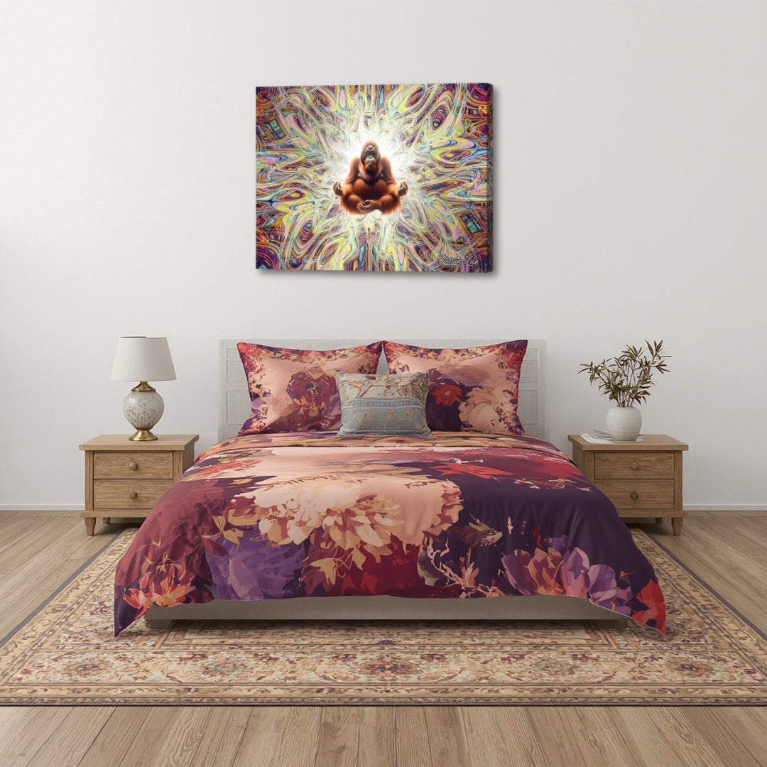 Primal Enlightenment by Patrick Zion above a serene bedroom interior, showcasing a centered meditative figure surrounded by radiant psychedelic fractal energy.