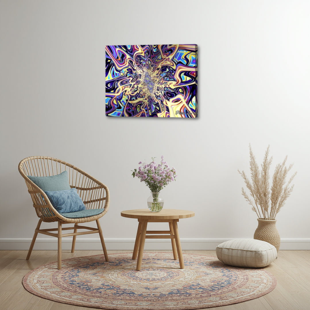 Psychedelic Vortex by Patrick Zion styled in a boho minimal corner with soft natural elements, creating a harmonious blend of vibrant abstraction and grounded, calming decor.