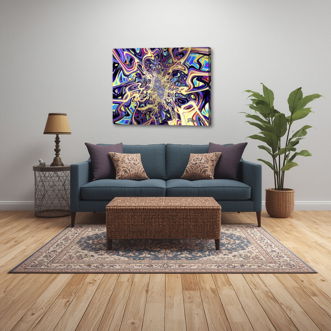 Psychedelic Vortex by Patrick Zion featured in a contemporary living room, adding movement, texture, and artistic depth while complementing a clean and inviting interior.
