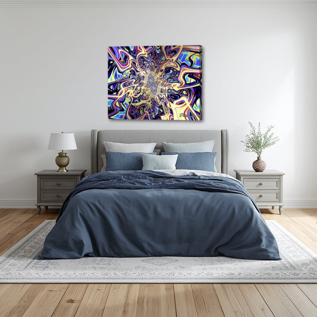Psychedelic Vortex by Patrick Zion placed above a modern bedroom, introducing flowing fractal patterns that balance visual intensity with a relaxed and comforting atmosphere.