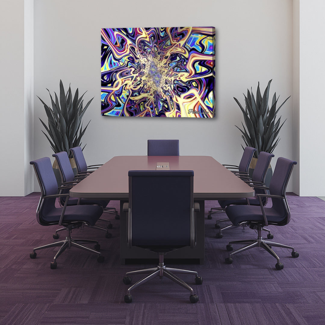 Psychedelic Vortex canvas wall art by Patrick Zion displayed above a modern conference table in a contemporary executive boardroom. The artwork features dynamic swirling fractal energy in purple, blue, gold, and cream tones radiating from a luminous center, creating an atmosphere of innovation, imagination, visionary thinking, and creative momentum within a professional workspace.