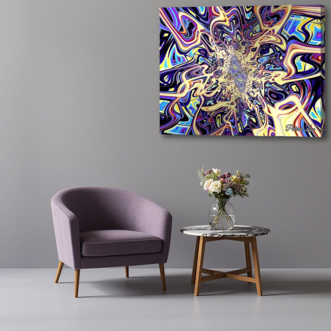 Psychedelic Vortex – vibrant fractal canvas artwork by Patrick Zion displayed in a modern interior with an up-close composition, featuring swirling multidimensional energy patterns, luminous abstract waves, and hypnotic psychedelic motion radiating from a glowing center.