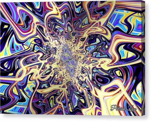Psychedelic Vortex – visionary fractal canvas art by Patrick Zion, mirrored edge version illustrating a cosmic spiral of electric hues and golden threads symbolizing the dynamic pulse of life and awareness.