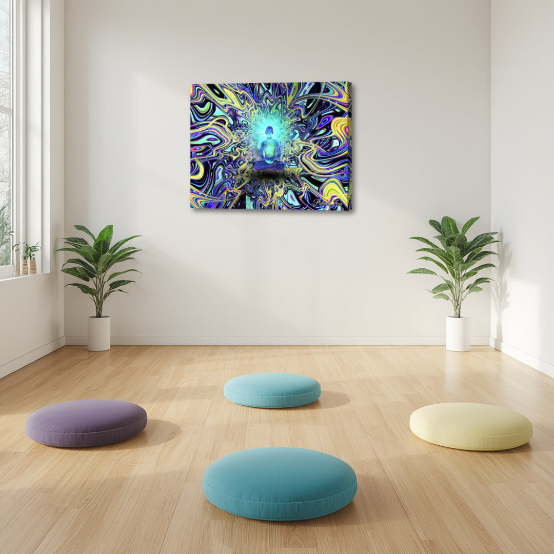 Quantum Contemplation by Patrick Zion in a minimalist meditation space, featuring a glowing seated figure surrounded by intricate fractal light representing deep awareness and mindful presence.