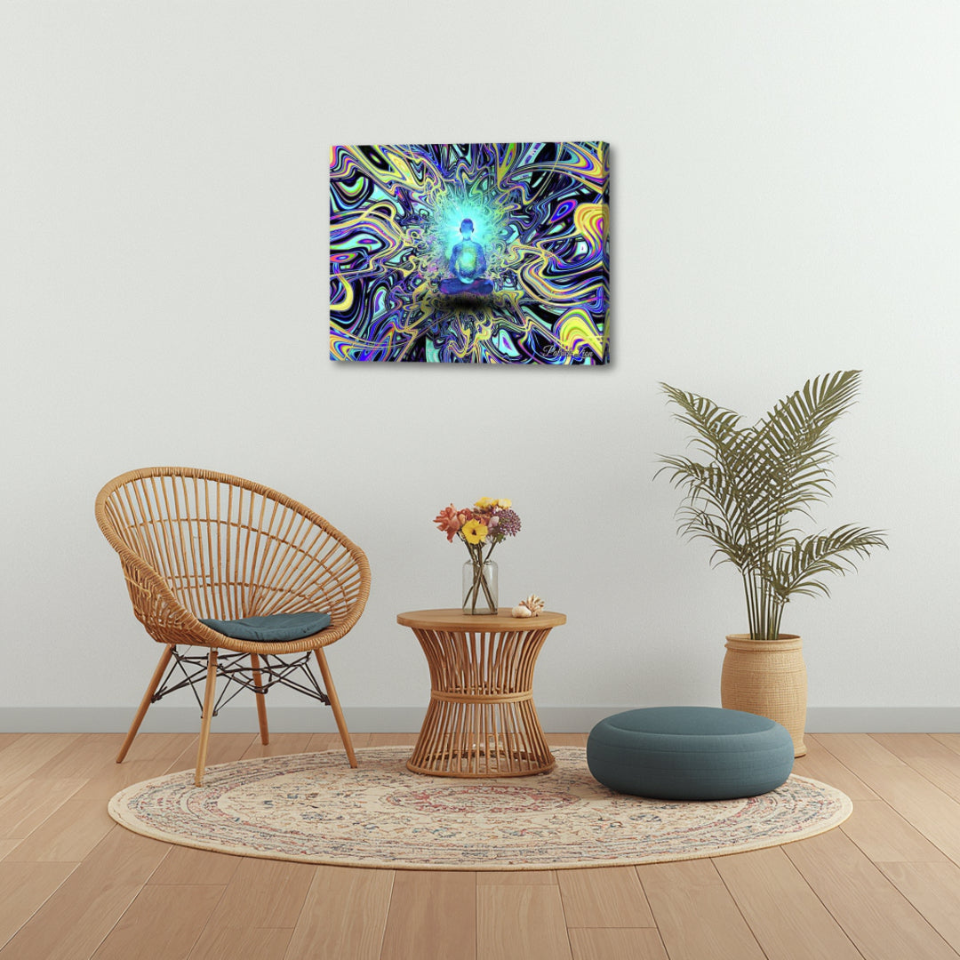 Quantum Contemplation artwork by Patrick Zion in a cozy boho interior, showing a meditative silhouette radiating light within colorful abstract fractal forms symbolizing expanded awareness.