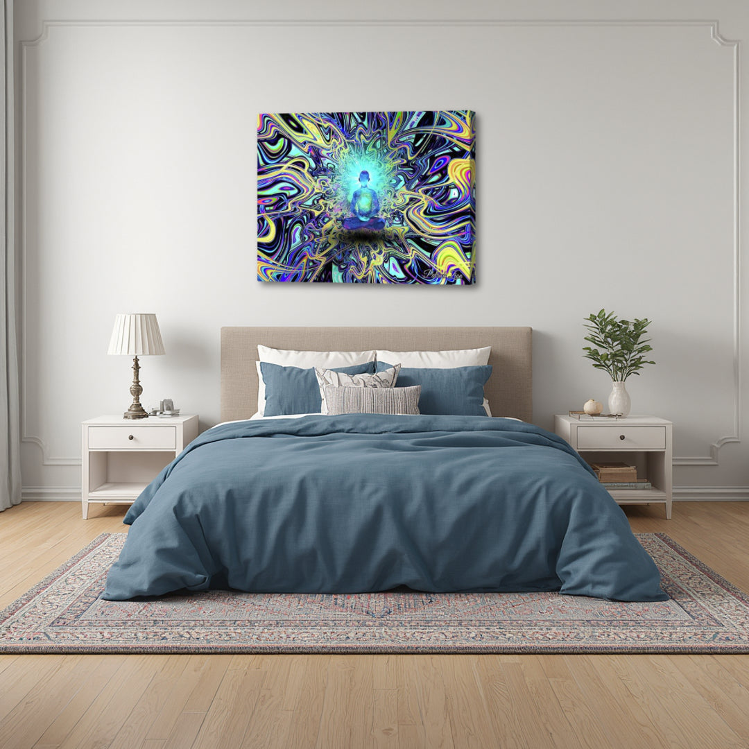 Quantum Contemplation by Patrick Zion above a peaceful bedroom setting, depicting a glowing meditative figure immersed in vibrant fractal energy representing inner stillness and presence.
