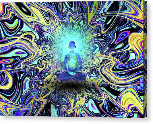 Quantum Contemplation: Meditator’s Resonance – abstract fractal canvas print by Patrick Zion, mirrored edge version showcasing a luminous meditating figure radiating vibrant energy in a field of quantum color and flow.