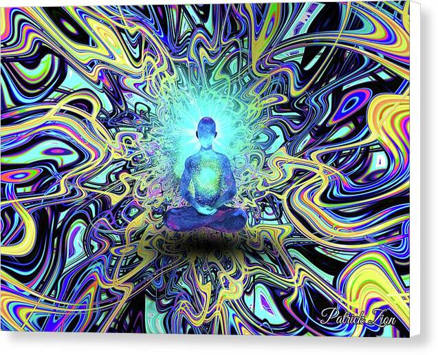 Quantum Contemplation: Meditator’s Resonance – psychedelic spiritual wall art by Patrick Zion, white edge version depicting a glowing meditator immersed in fractal light patterns, expressing inner stillness and cosmic resonance.