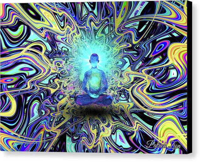 Quantum Contemplation: Meditator’s Resonance – visionary fractal canvas art by Patrick Zion, black edge version featuring a meditating figure surrounded by radiant energy fields and quantum waves, symbolizing harmony between mind and universe.