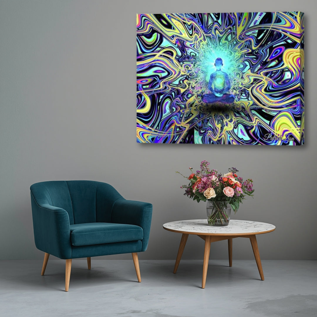 Quantum Contemplation – spiritual fractal canvas artwork by Patrick Zion featuring a meditating figure illuminated by radiant blue energy amid swirling psychedelic patterns. Inspired by consciousness, inner stillness, quantum mystery, and the exploration of reality, displayed in a modern interior setting.