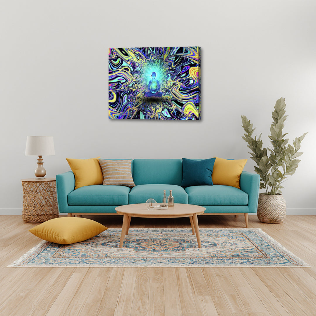 Quantum Contemplation by Patrick Zion displayed in a modern living room, featuring a meditative figure surrounded by luminous psychedelic fractal patterns symbolizing consciousness and awareness.