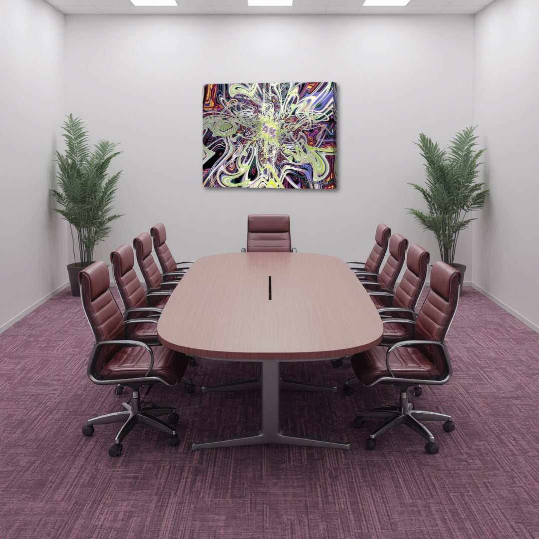 Radiant Burst of Infinity – dynamic fractal canvas artwork by Patrick Zion featured in a clean office conference setting above a meeting table, displaying an intricate explosion of interwoven lines and vibrant tones that energize the space and encourage creative focus within a professional environment.