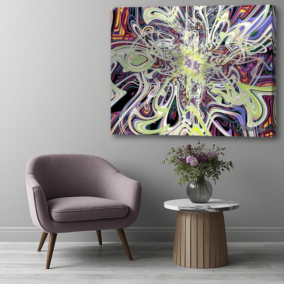Radiant Burst of Infinity – psychedelic fractal wall art by Patrick Zion showcased in a contemporary lounge with an up-close composition, featuring luminous flowing energy strands, radiant multidimensional forms, and vibrant abstract motion expanding from a glowing center.