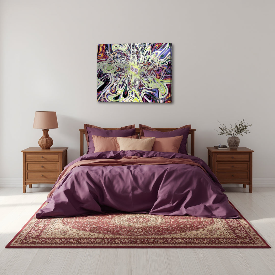 Radiant Burst of Infinity – vibrant spiritual fractal canvas art above a modern bedroom with rich purple bedding, showcasing a radiant energy core surrounded by intricate psychedelic patterns, creating a powerful focal point that inspires depth, introspection, and cosmic awareness.
