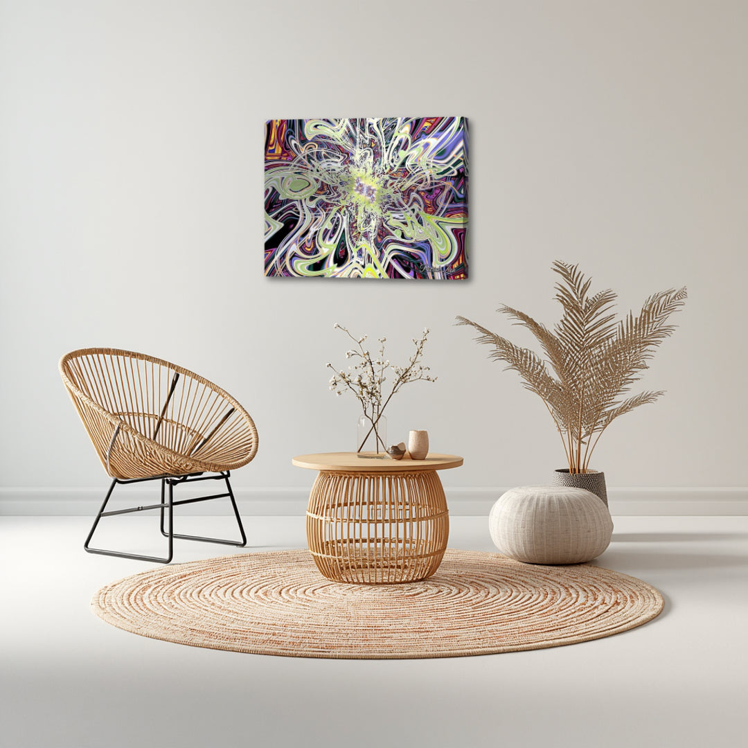 Radiant Burst of Infinity – spiritual fractal canvas art by Patrick Zion displayed in a minimalist boho-style living room with neutral tones and natural textures, featuring a vibrant central fractal explosion that symbolizes infinite energy, expansion, and the dynamic nature of the universe.
