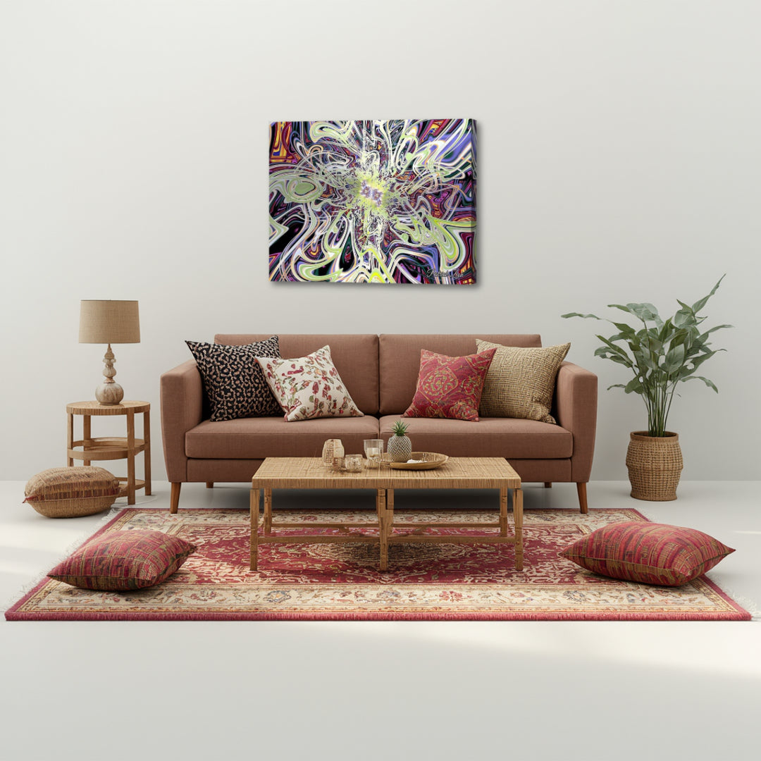 Radiant Burst of Infinity – colorful spiritual fractal canvas art by Patrick Zion displayed in a warm, earthy-toned living room with natural textures, featuring a luminous fractal explosion that represents the infinite nature of reality and brings a bold, transformative energy into a grounded interior space.

