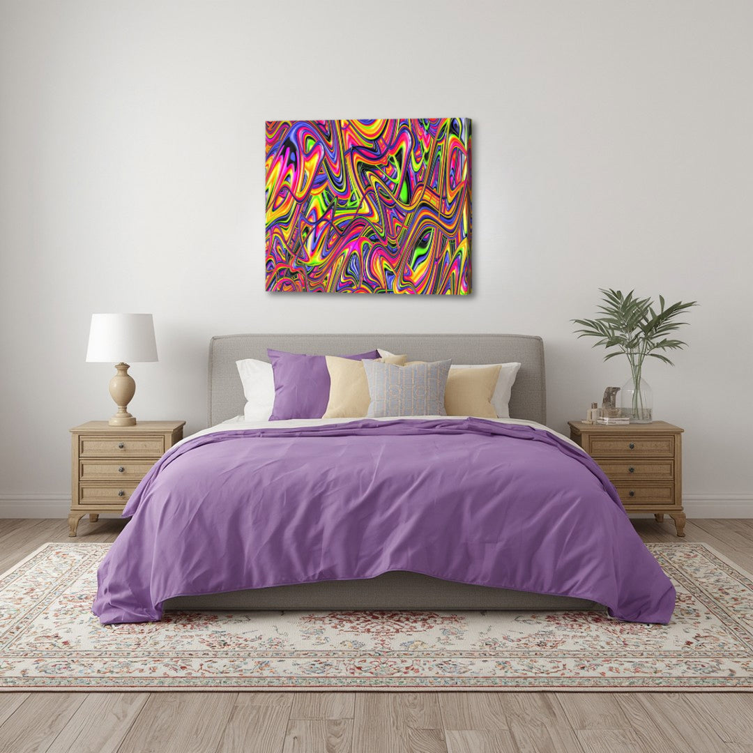 Rainbow Bright – colorful psychedelic fractal canvas art above a modern bedroom with purple accents, showcasing dynamic swirling patterns that add vibrancy, imagination, and a bold artistic statement to a relaxed personal space.