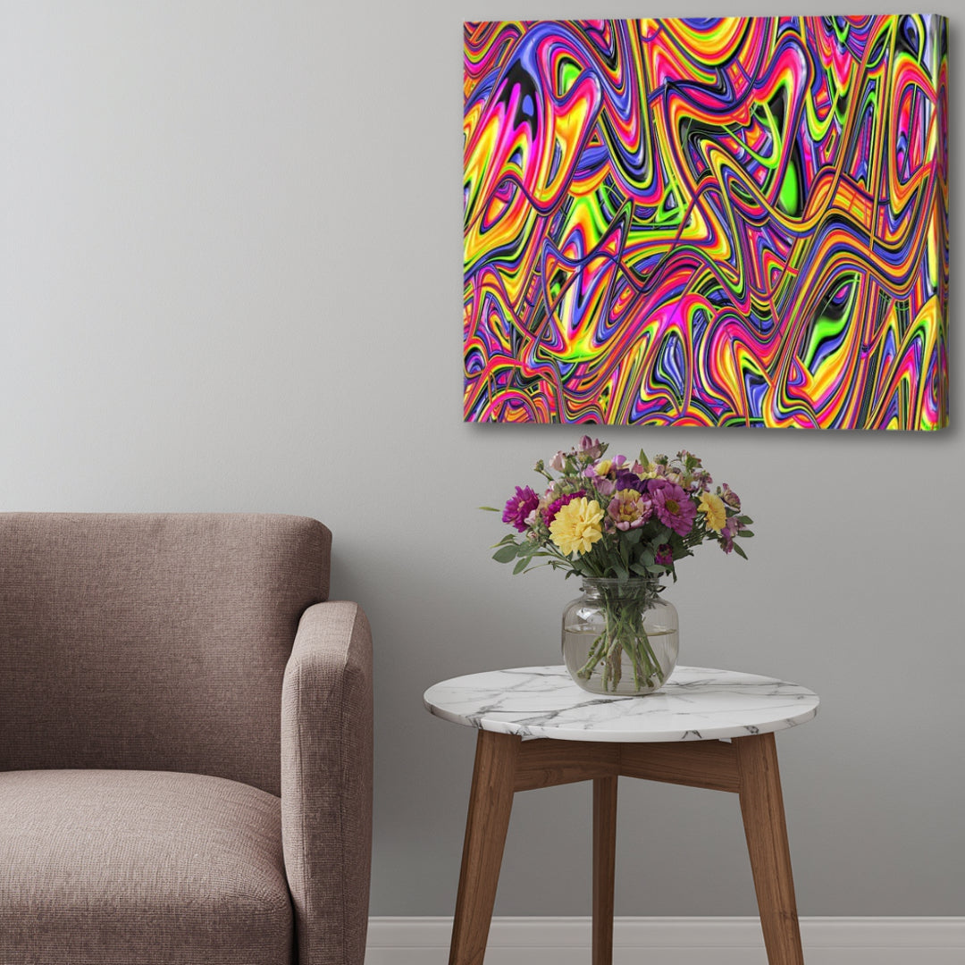 Rainbow Bright – colorful psychedelic fractal canvas artwork by Patrick Zion displayed in a modern interior with an up-close perspective, featuring vivid neon waves, flowing rainbow abstractions, and energetic liquid-like patterns bursting with vibrant motion.