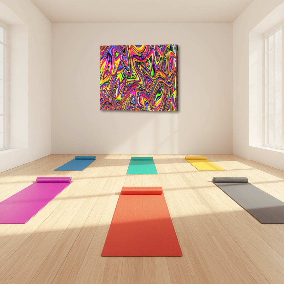 Rainbow Bright – psychedelic fractal canvas art by Patrick Zion displayed in a bright yoga studio with colorful mats, featuring vivid, fluid patterns that evoke joy, movement, and heightened awareness, enhancing the energy of a creative and mindful space.