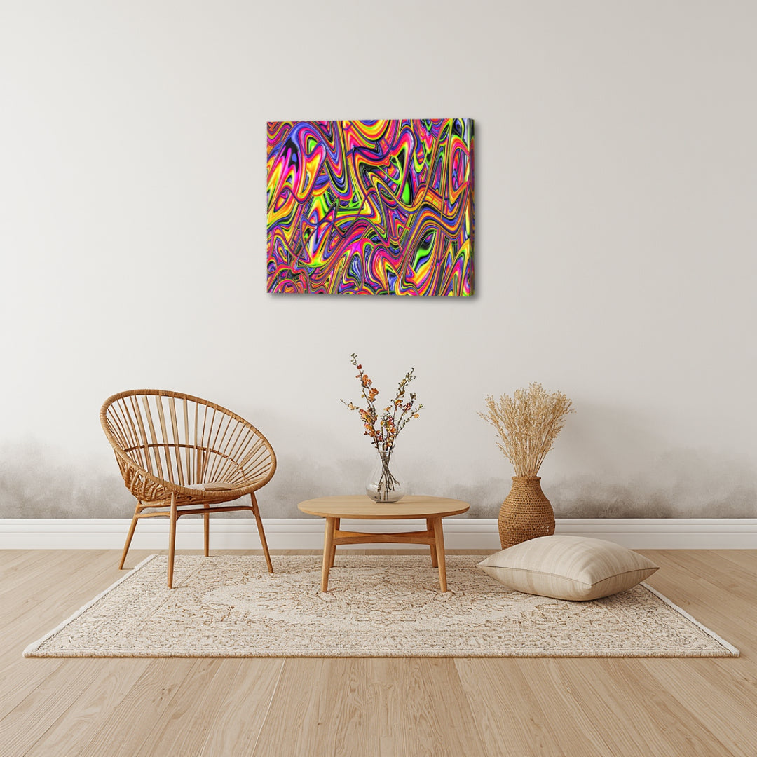 Rainbow Bright – vibrant psychedelic fractal canvas art by Patrick Zion displayed in a minimalist boho living room, featuring colorful flowing patterns that bring a burst of energy, creativity, and visual excitement into a calm, neutral interior.