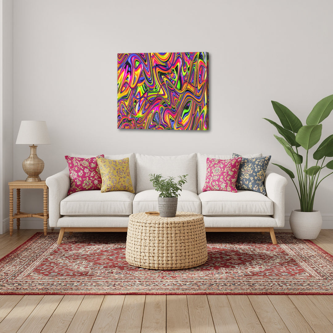 Rainbow Bright – expressive psychedelic fractal canvas art by Patrick Zion displayed in a vibrant living room with colorful decor, featuring energetic flowing shapes and bright hues that create a lively, uplifting, and visually striking focal point.