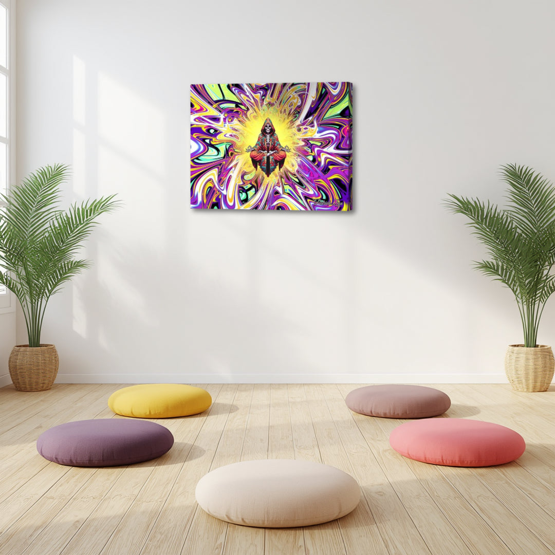 Rest in Peace artwork by Patrick Zion in a serene meditation space, depicting a skeletal meditative figure glowing within vibrant fractal energy representing death and spiritual awakening.