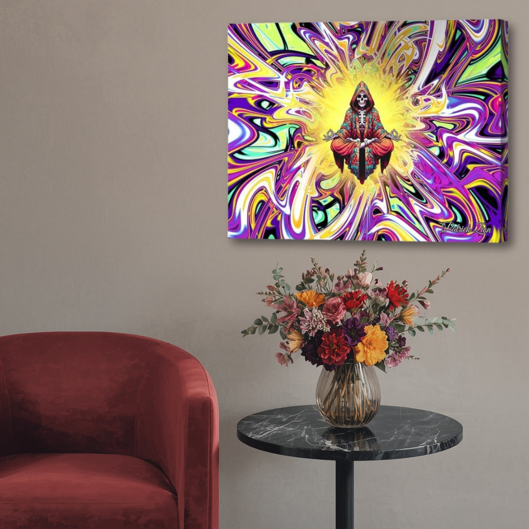Rest in Peace – spiritual psychedelic canvas artwork by Patrick Zion featuring a meditating skeletal figure bathed in radiant golden light against swirling fractal energy. Symbolizing acceptance of mortality, inner peace, transcendence, and the eternal nature of consciousness, displayed in a modern interior setting.