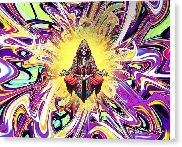 Rest in Peace – trippy abstract fractal canvas print by Patrick Zion, white edge version showing a serene Grim Reaper figure in lotus pose glowing within a swirl of vibrant psychedelic color and divine energy.