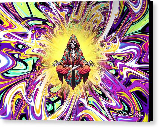 Rest in Peace – psychedelic Grim Reaper art by Patrick Zion, black edge version featuring a meditating skeleton in a colorful robe surrounded by radiant fractal light, symbolizing transcendence beyond death.
